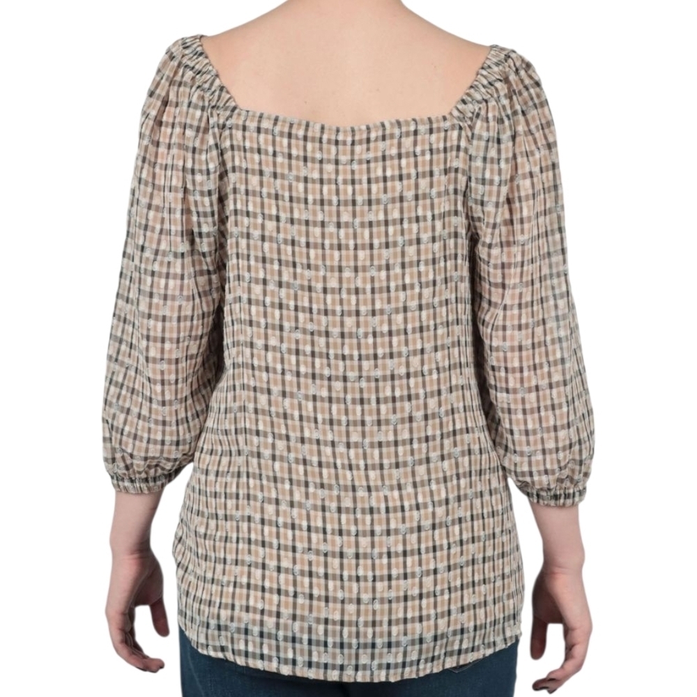 Ann Klein Plaid Popover With Side Slits In Bisqueware Light Coffee Combo - Picture 3 of 12